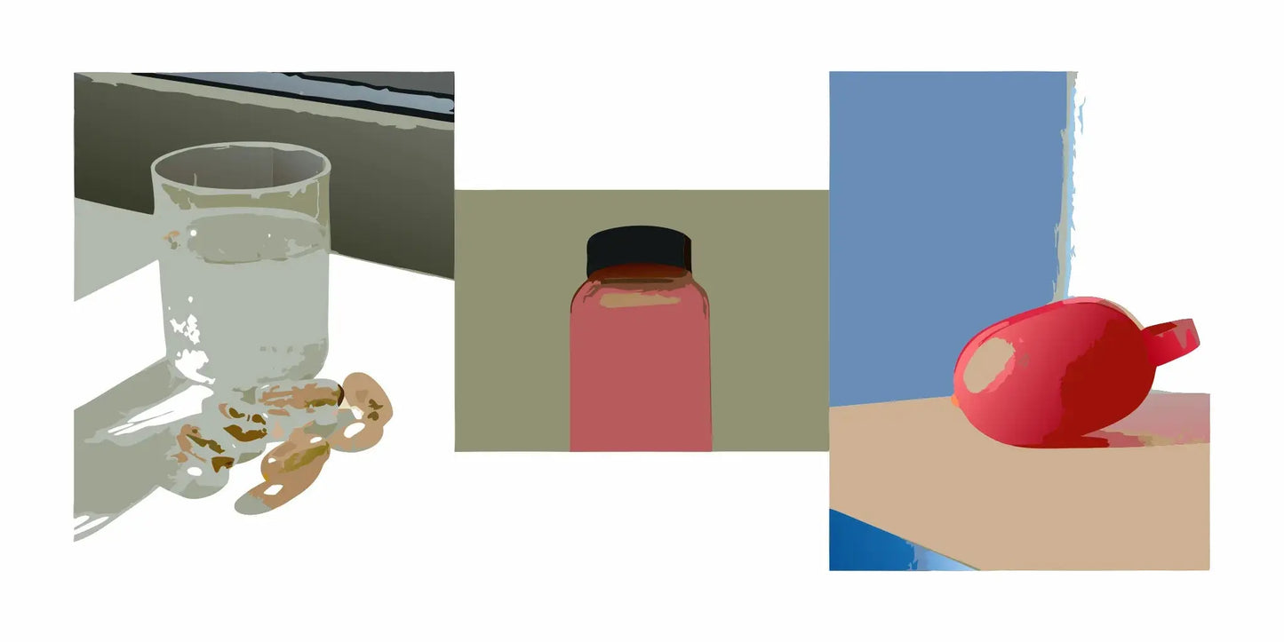 Vitamin bottle and supplements with a glass of water to help stop frequent urination.