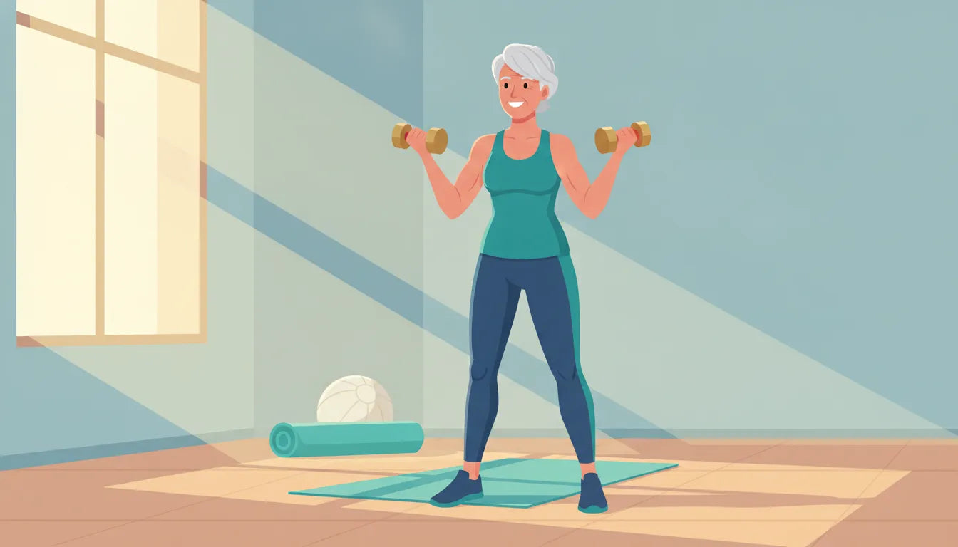 Woman in her 60s strength training with light dumbbells at home