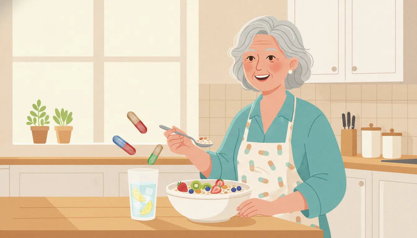 Older woman at ease in a bright kitchen preparing fruit and oatmeal as part of a gentle gut-health morning routine