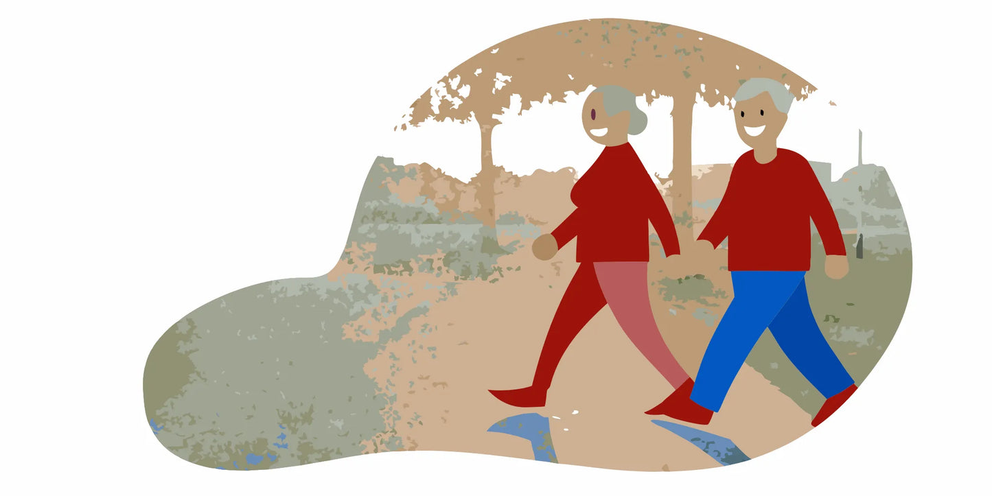Active older adults walking outdoors in warm sunlight, showing vitality and wellness